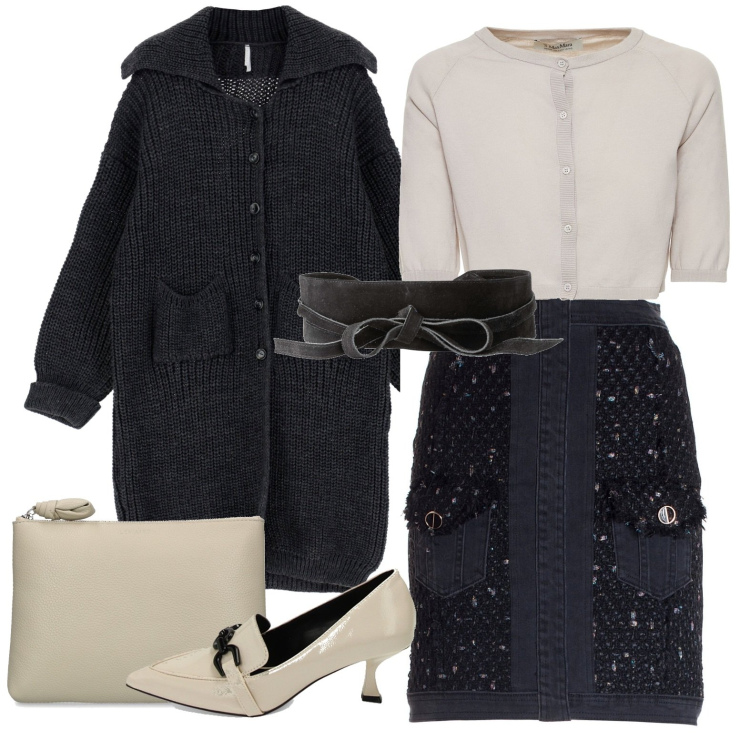 Outfit donna - Total look #1788402. Stile Casual chic per Tutti i giorni. Abbinamento con cinture, gonne, cappotti, mocassini, pochette, cardigans.