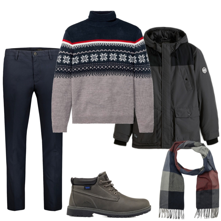 Outfit uomo - In montagna. Stile Casual per Tutti i giorni. Abbinamento con maglieria, piumini, stivali e stivaletti, pantaloni, sciarpe.