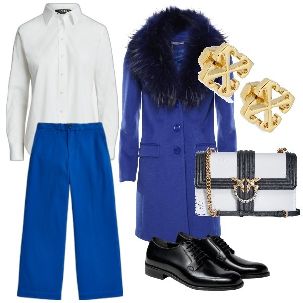 Outfit donna - collo al caldo. Stile Mannish per Serata fuori. Abbinamento con borse a tracolla, cappotti, camicie, pantaloni chino, orecchini, scarpe stringate.