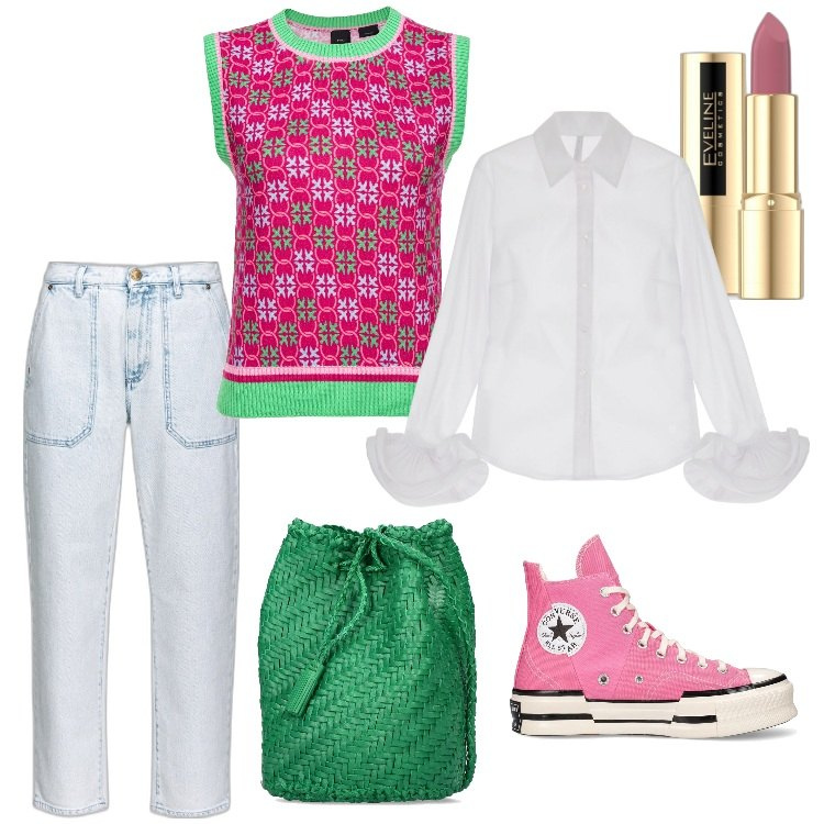 Outfit donna - La camicia con rouches ai polsi. Stile Casual per Tutti i giorni. Abbinamento con rossetti, jeans, top, camicie, sneakers, borse a spalla.