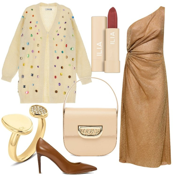 Outfit donna - Veglione di Capodanno. Stile Glamour per Serata fuori. Abbinamento con rossetti, cardigans, décolleté, vestiti, anelli, borse a mano.