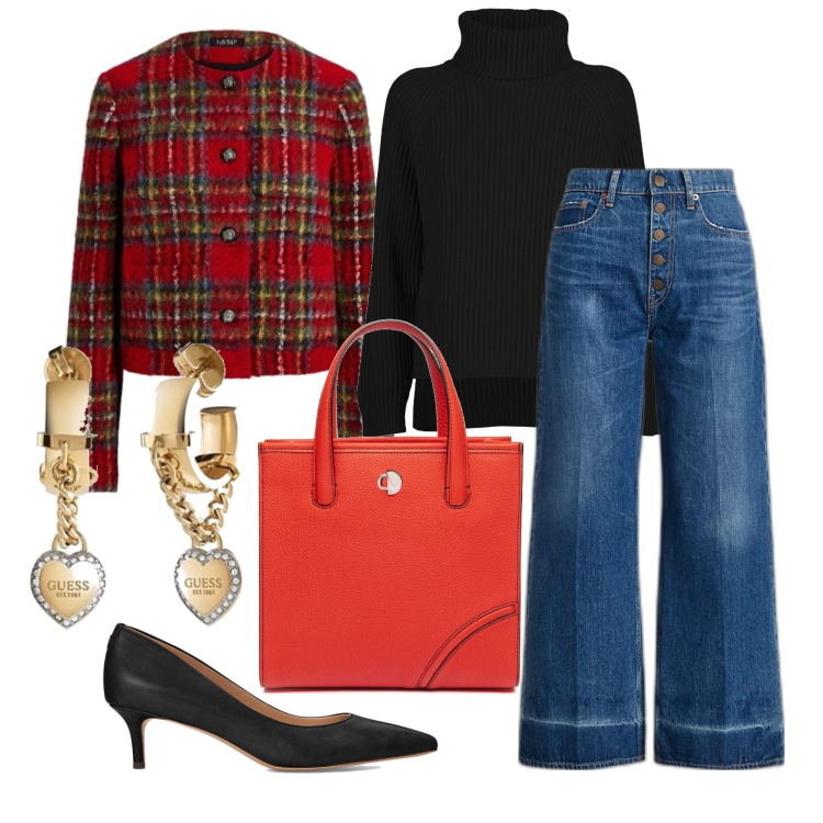 Outfit donna - Ghost outfitter - dicembre. Stile Casual chic per Tutti i giorni. Abbinamento con décolleté, cappotti, jeans, orecchini, maglieria, shopping bag.
