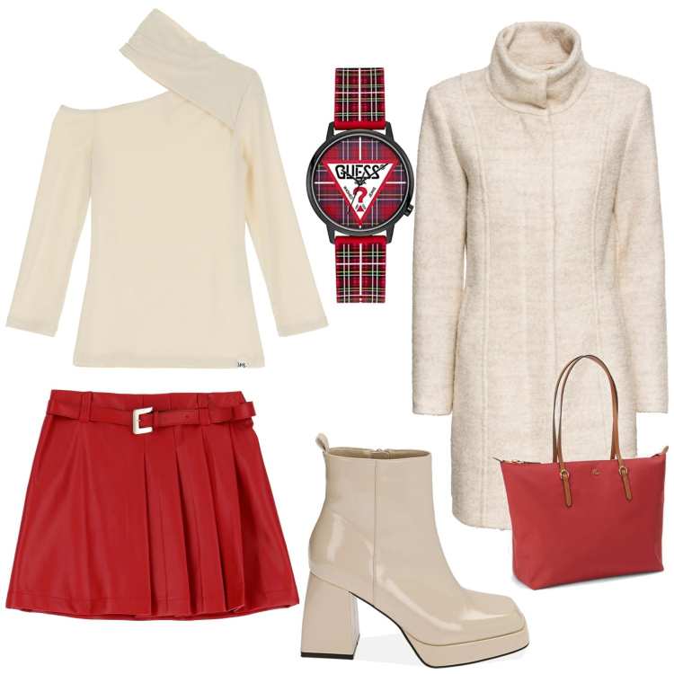 Outfit donna - Bianco e Rosso quotidiano. Stile Casual chic per Tutti i giorni. Abbinamento con cappotti, maglieria, minigonne, stivaletti, borse tote, orologi.