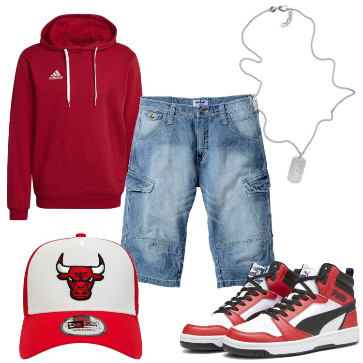 Outfit uomo - Total look #1788436. Stile Urban per Tutti i giorni. Abbinamento con bermuda, felpe con cappuccio, sneakers alte, collane, cappelli con visiera.