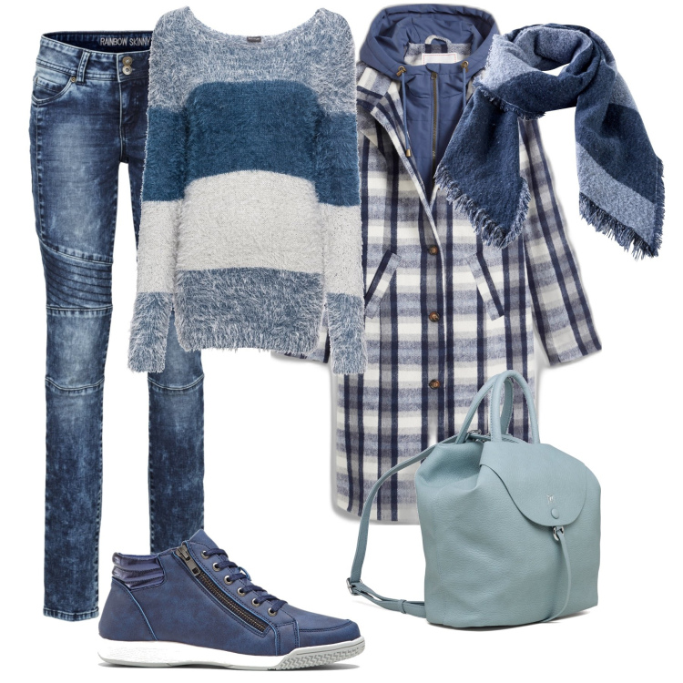 Outfit donna - Passeggiata comoda. Stile Casual per Tutti i giorni. Abbinamento con sneakers alte, cappotti, maglieria, jeans skinny, sciarpe, zaini.