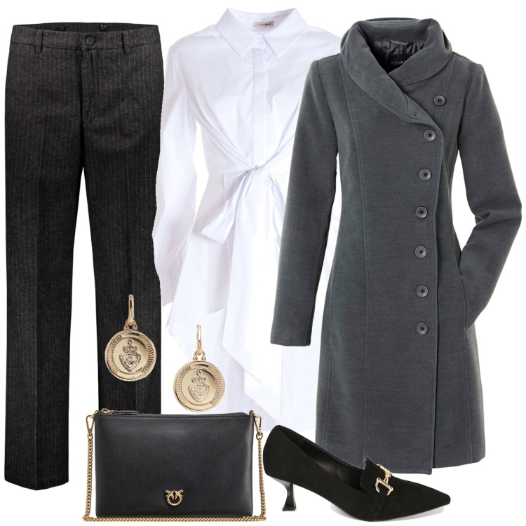 Outfit donna - Cocktail in centro. Stile Mannish per Serata fuori. Abbinamento con cappotti, borse a tracolla, camicie, mocassini, orecchini, pantaloni.