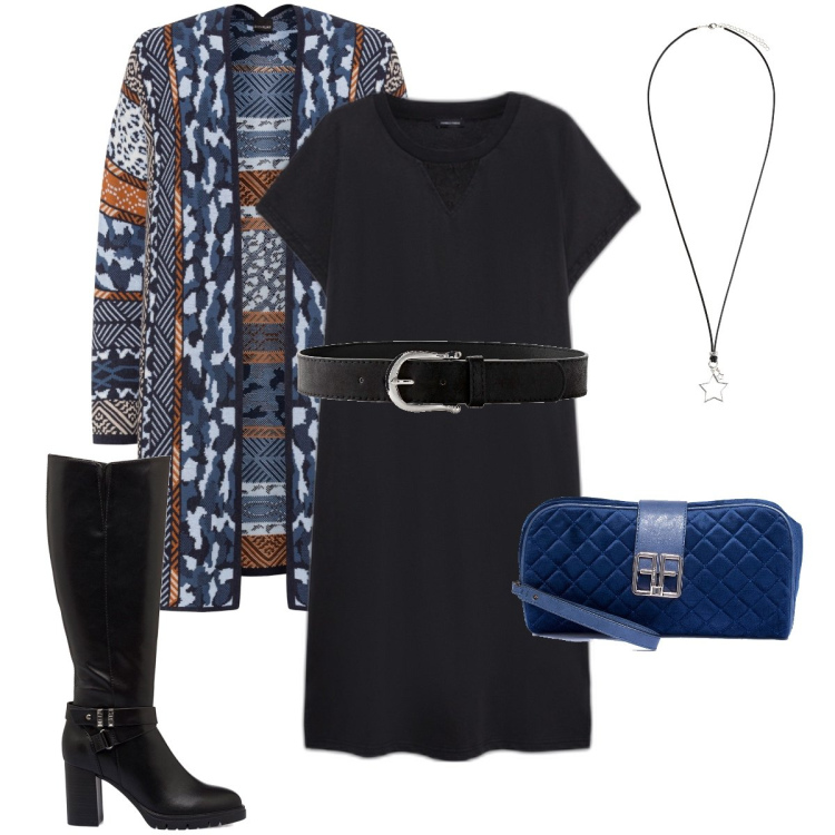 Outfit donna - Il cardigan etnico. Stile Casual chic per Serata fuori. Abbinamento con cinture, cardigans, collane, pochette, stivali, vestiti corti.