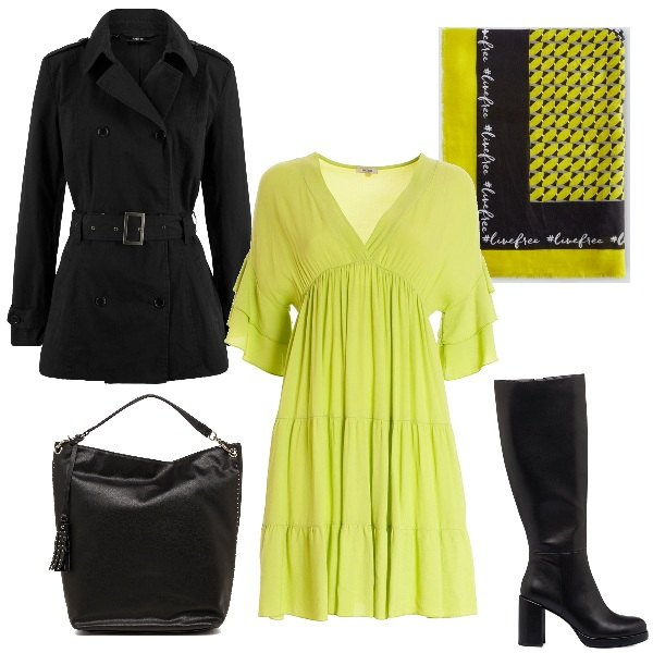 Outfit donna - Apericena in casa di amiche. Stile Casual per Serata fuori. Abbinamento con trench, foulard, vestiti, stivali sopra il ginocchio, zaini.