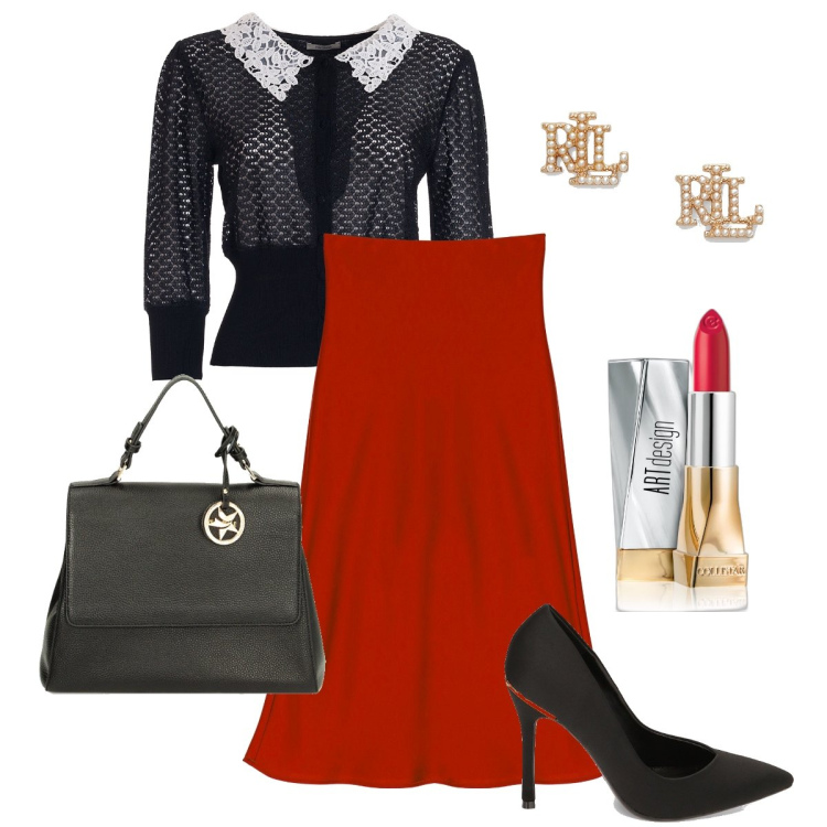 Outfit donna - Il colletto in pizzo. Stile Chic per Serata fuori. Abbinamento con rossetti, cardigans, gonne longuette, décolleté, borse a mano, orecchini.