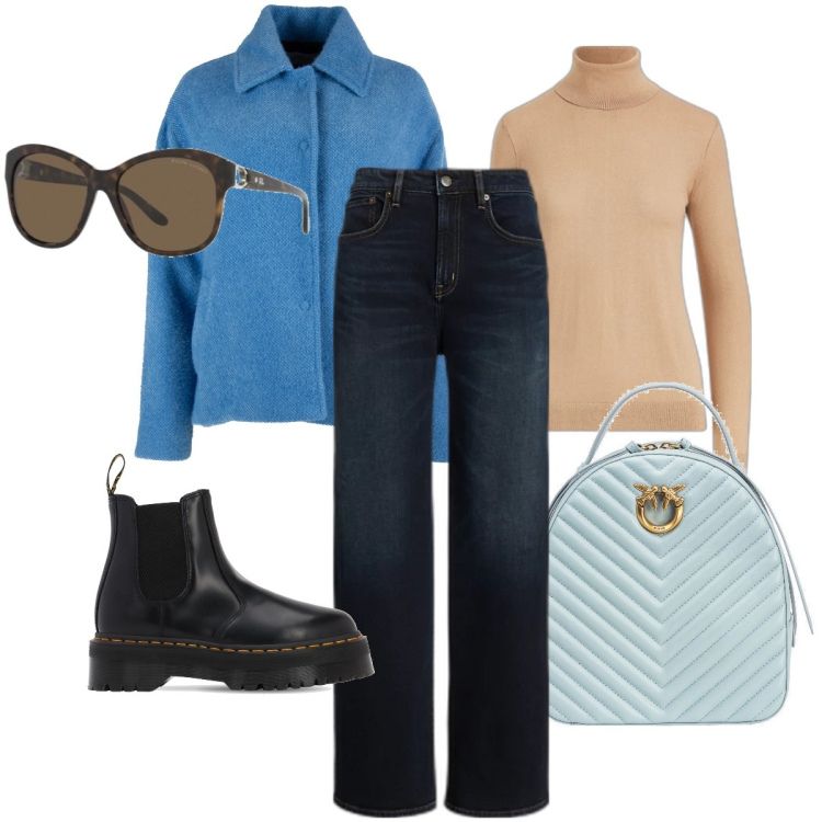 Outfit donna - Il caban azzurro. Stile Casual per Tutti i giorni. Abbinamento con zaini, occhiali da sole, jeans, maglieria, caban, stivaletti chelsea.
