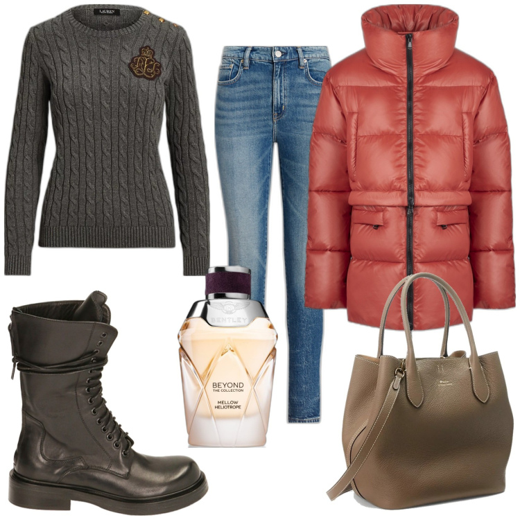 Outfit donna - Total look #1788497. Stile Urban per Tutti i giorni. Abbinamento con profumi, anfibi, jeans skinny, maglieria, borse tote, piumini.