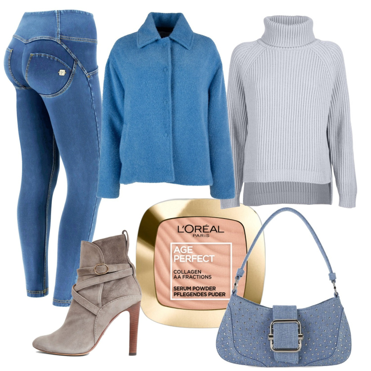 Outfit donna - Denim per uscire. Stile Casual chic per Serata fuori. Abbinamento con ciprie, jeggings, stivaletti, maglieria, borse a spalla, caban.