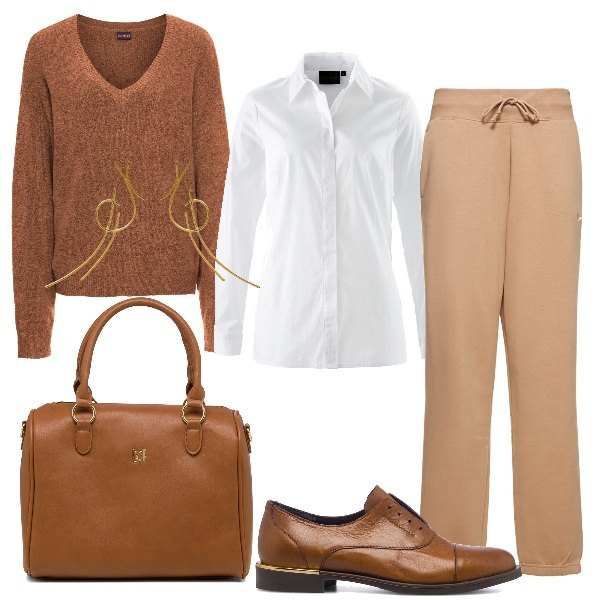 Outfit donna - In ufficio. Stile Basic per Tutti i giorni. Abbinamento con camicie, maglieria, borse a mano, scarpe stringate, pantaloni, orecchini.