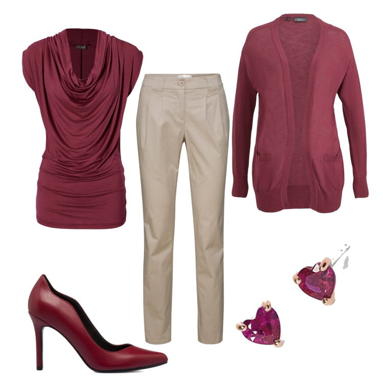 Outfit donna - Festività in famiglia. Stile Casual chic per Tutti i giorni. Abbinamento con pantaloni chino, maglieria, cardigans, orecchini, décolleté.