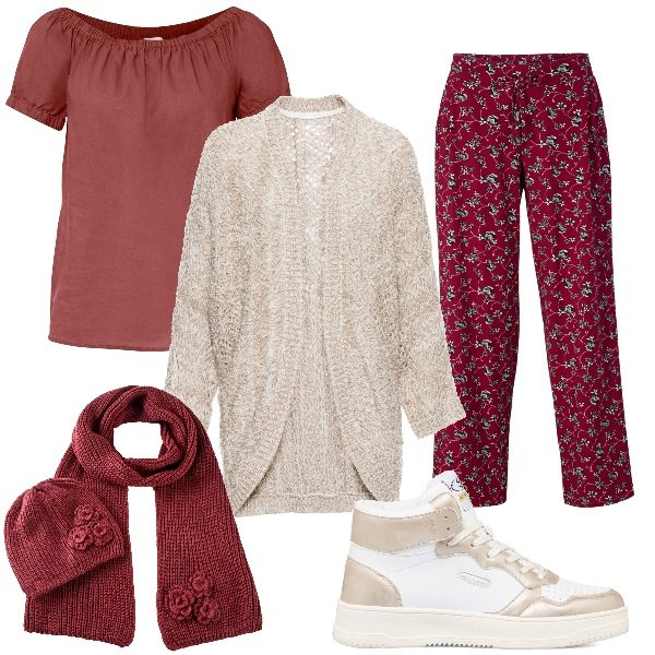 Outfit donna - Passeggiata con fufi. Stile Casual per Tutti i giorni. Abbinamento con sciarpe, cardigans, pantaloni a palazzo, bluse, sneakers alte.