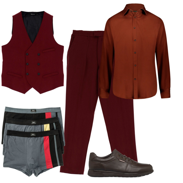 Outfit uomo - Boxer. Stile Casual per Ufficio. Abbinamento con boxer, gilet, pantaloni, sneakers, camicie.