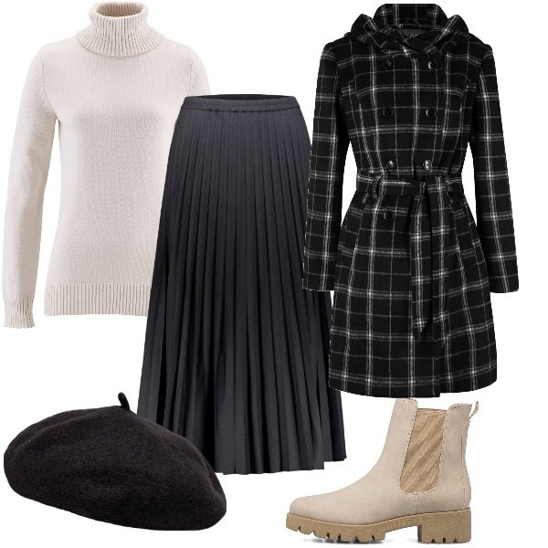 Outfit donna - Gita alla Tour Eiffel. Stile Casual per Tutti i giorni. Abbinamento con cappotti, maglieria, stivaletti, gonne lunghe, cappelli e berretti.