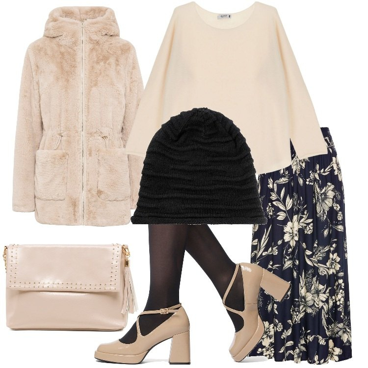 Outfit donna - Romantica a gennaio. Stile Romantica per Tutti i giorni. Abbinamento con gonne lunghe, ecopellicce, berretti, maglieria, décolleté, borse a tracolla.