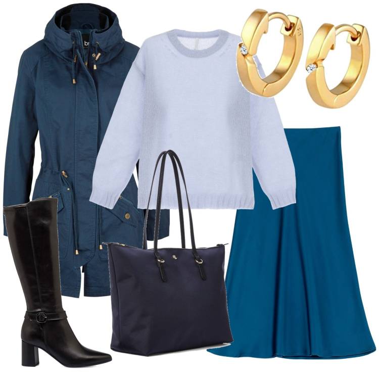 Outfit donna - Gonna lunga e maglione. Stile Casual chic per Tutti i giorni. Abbinamento con parka, gonne longuette, maglieria, borse tote, stivali sopra il ginocchio, orecchini.