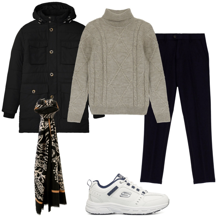 Outfit uomo - Look trendy e scarpe comode. Stile Trendy per Tutti i giorni. Abbinamento con parka, sciarpe, maglieria, pantaloni, sneakers.