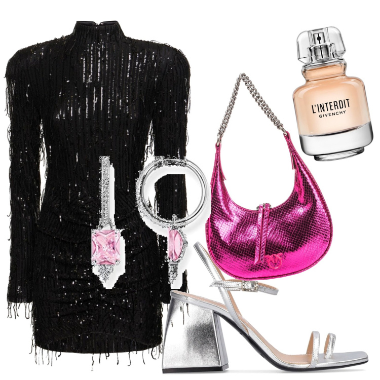 Outfit donna - Night year party. Stile Glamour per Serata fuori. Abbinamento con profumi, borse a spalla, décolleté, orecchini, vestiti.