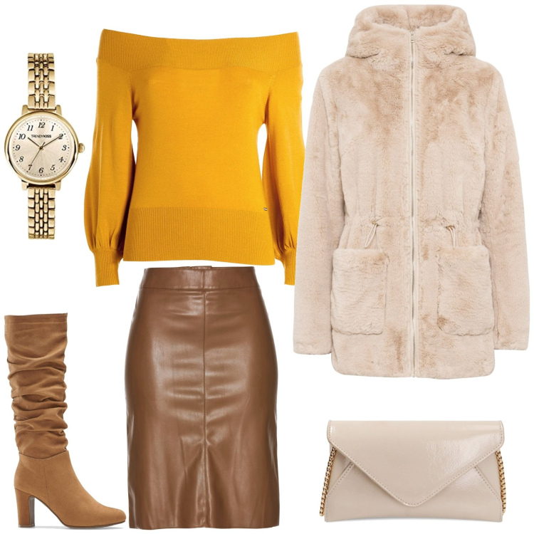 Outfit donna - Casual chic. Stile Casual chic per Serata fuori. Abbinamento con ecopellicce, gonne longuette, stivali, maglieria, borse a tracolla, orologi analogici.