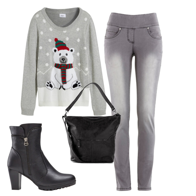 Outfit donna - Grigio perla. Stile Casual per Scuola/Università. Abbinamento con jeans slim fit, maglieria, stivaletti, borse a tracolla.
