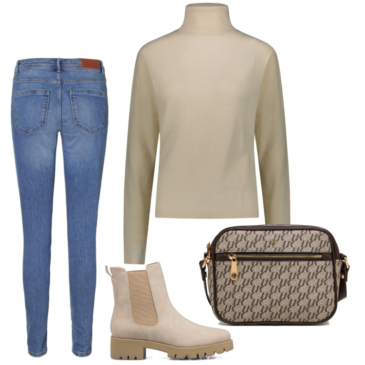 Outfit donna - Semplice in beige. Stile Casual per Scuola/Università. Abbinamento con borse a tracolla, stivaletti, jeans skinny, pullovers.