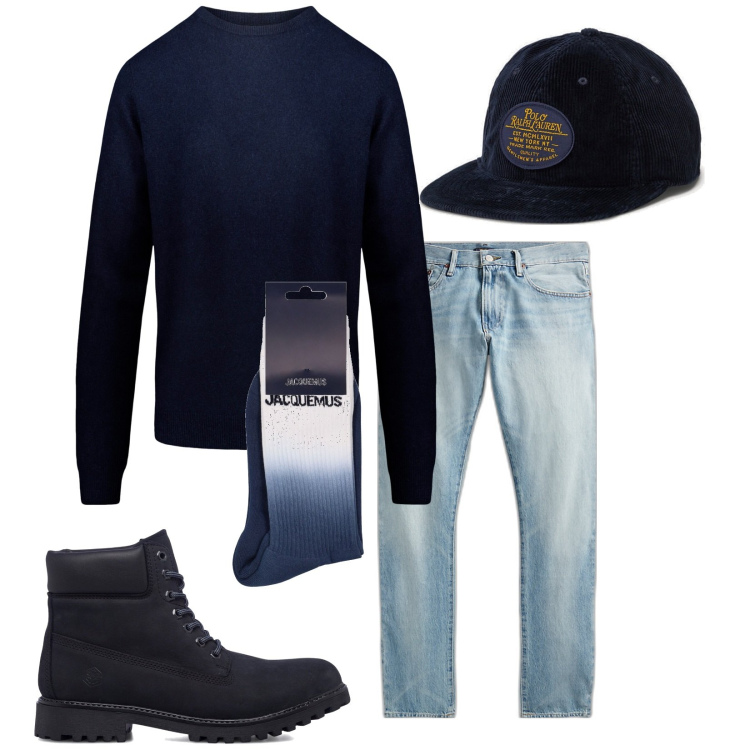 Outfit uomo - Blu. Stile Trendy per Tutti i giorni. Abbinamento con cappelli con visiera, jeans, stivali e stivaletti, maglieria, calzini.
