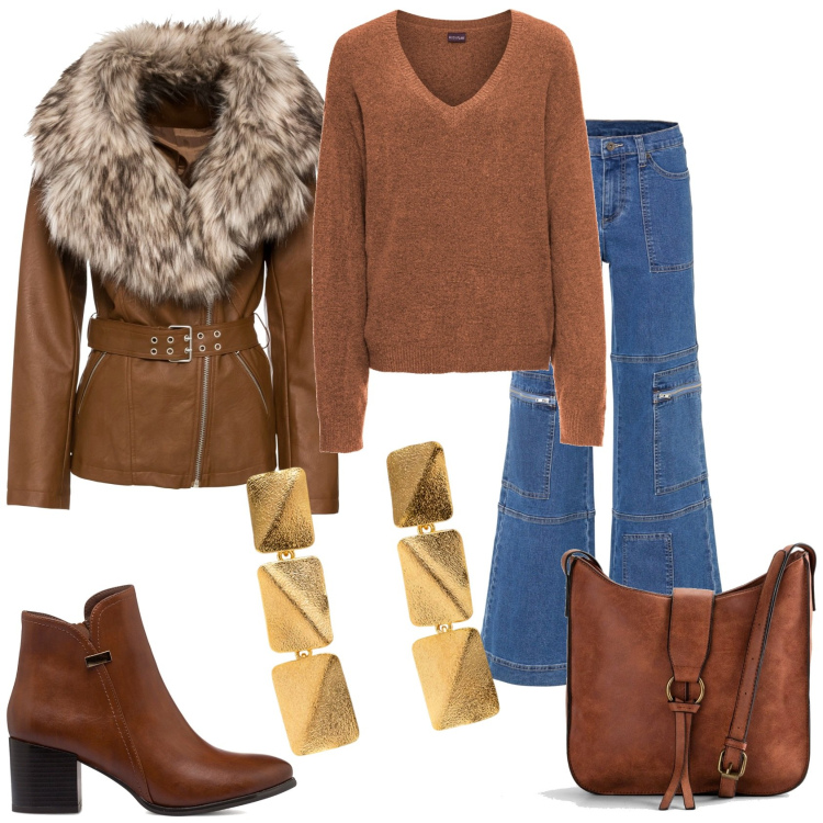 Outfit donna - In giubbotto ed esco. Stile Trendy per Tutti i giorni. Abbinamento con borse a tracolla, maglieria, blazer, jeans, stivaletti, orecchini.