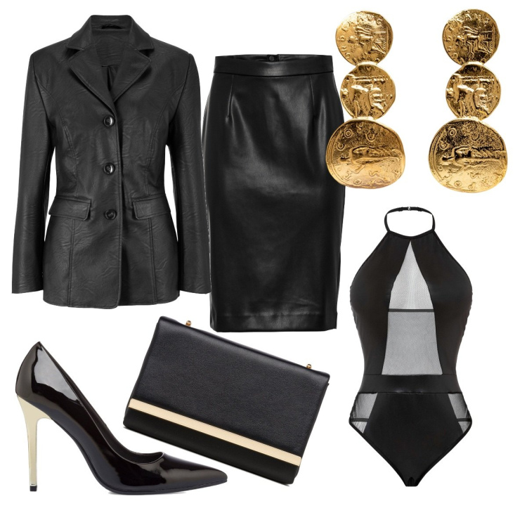 Outfit donna - Capodanno black woman. Stile Sexy per Serata fuori. Abbinamento con blazer, gonne longuette, body, clutch, décolleté, orecchini.