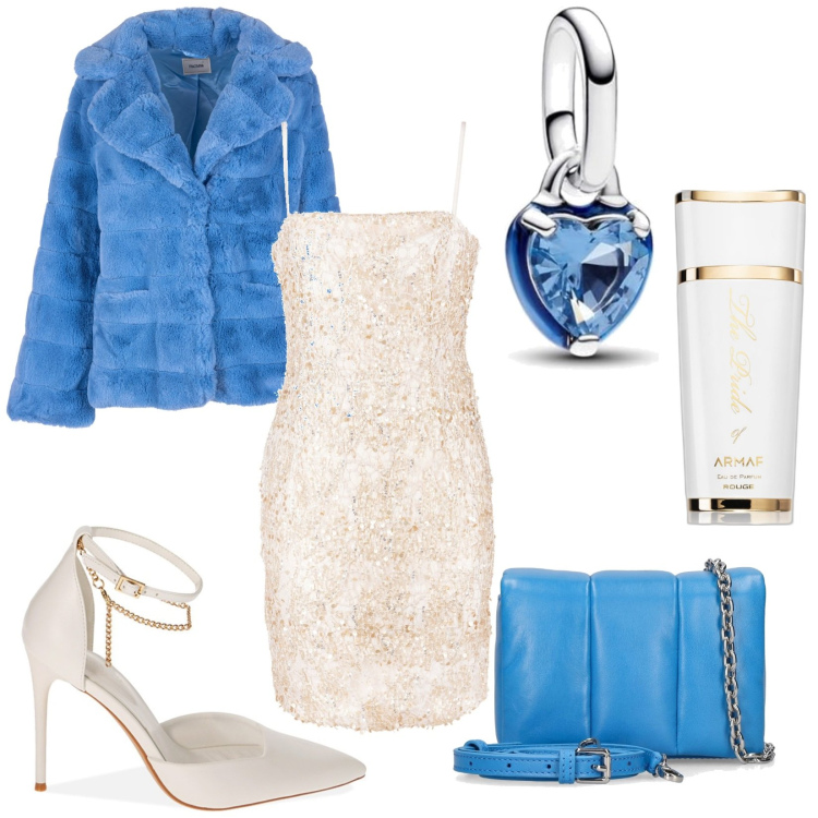 Outfit donna - Brillare. Stile Glamour per Serata fuori. Abbinamento con profumi, blazer, vestiti a tubino, décolleté, ciondoli, borse a spalla.