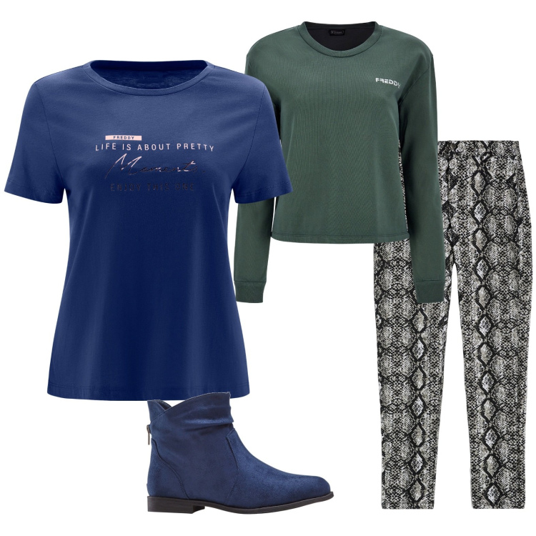Outfit donna - Verde e blu. Stile Sporty chic per Sport. Abbinamento con stivaletti, t-shirt, felpe, jeans skinny.