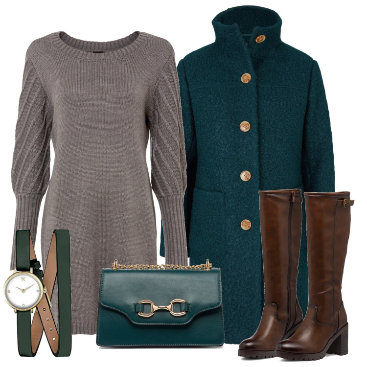 Outfit donna - Ottanio e spago. Stile Chic per Tutti i giorni. Abbinamento con cappotti, vestiti, stivali sopra il ginocchio, borse a tracolla, orologi analogici.