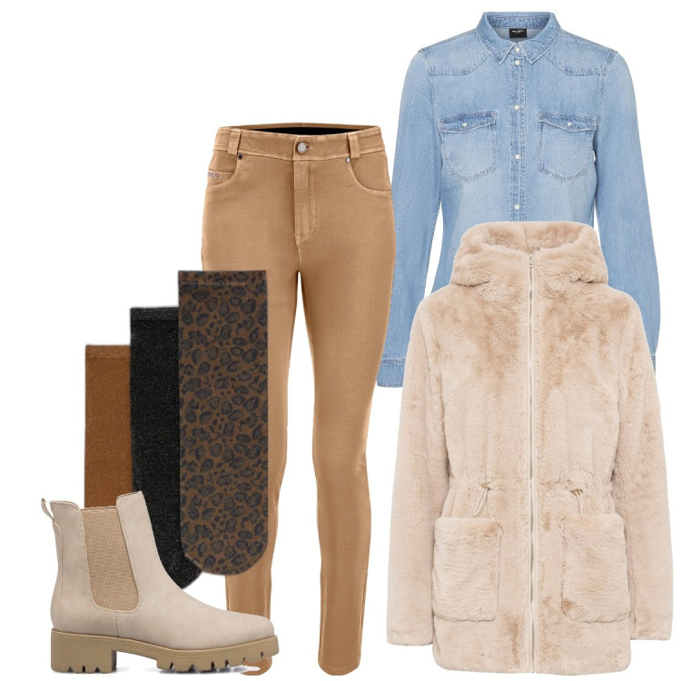 Outfit donna - Passeggiata con il freddo. Stile Casual chic per Tutti i giorni. Abbinamento con ecopellicce, jeans, stivaletti, camicie, top.