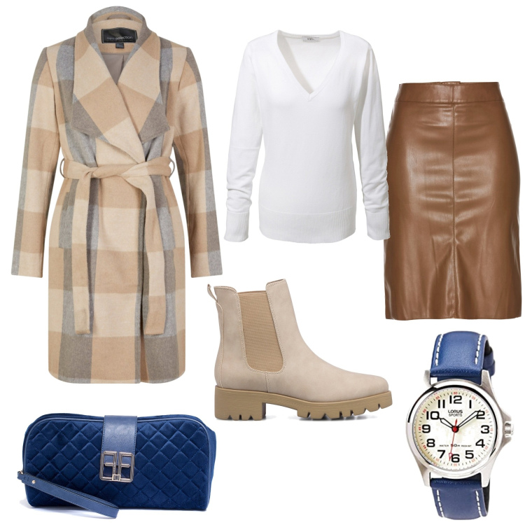 Outfit donna - Pomeriggio easy. Stile Casual chic per Tutti i giorni. Abbinamento con gonne longuette, cappotti, maglieria, pochette, stivaletti, orologi analogici.
