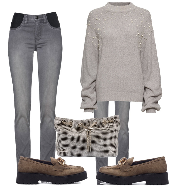 Outfit donna - Sempre di corsa. Stile Casual per Tutti i giorni. Abbinamento con jeans, maglieria, clutch, mocassini.
