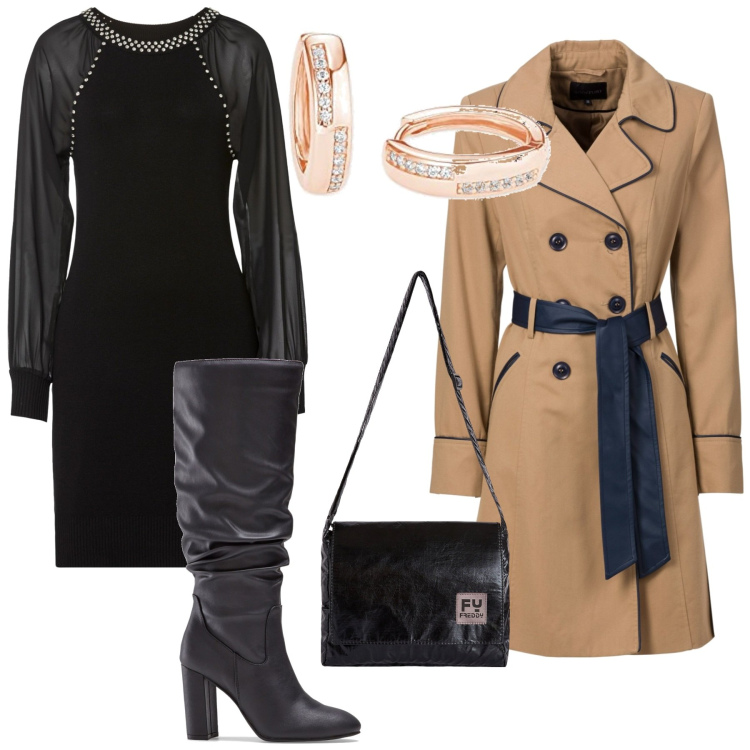 Outfit donna - Chic economico. Stile Chic per Tutti i giorni. Abbinamento con trench, vestiti, stivali sopra il ginocchio, borse a tracolla, orecchini.