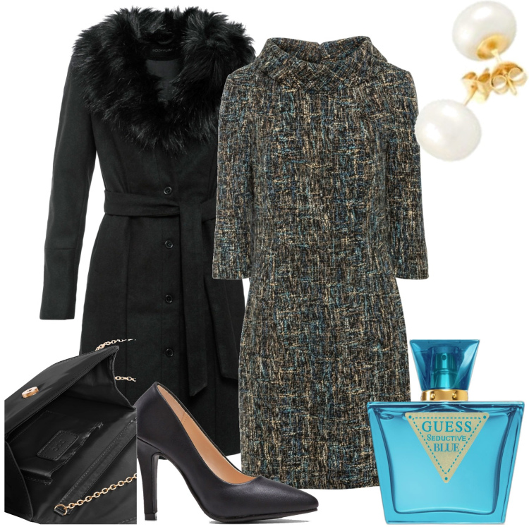 Outfit donna - Chic low coast. Stile Chic per Tutti i giorni. Abbinamento con vestiti a tubino, cappotti, décolleté, pochette, profumi, orecchini.
