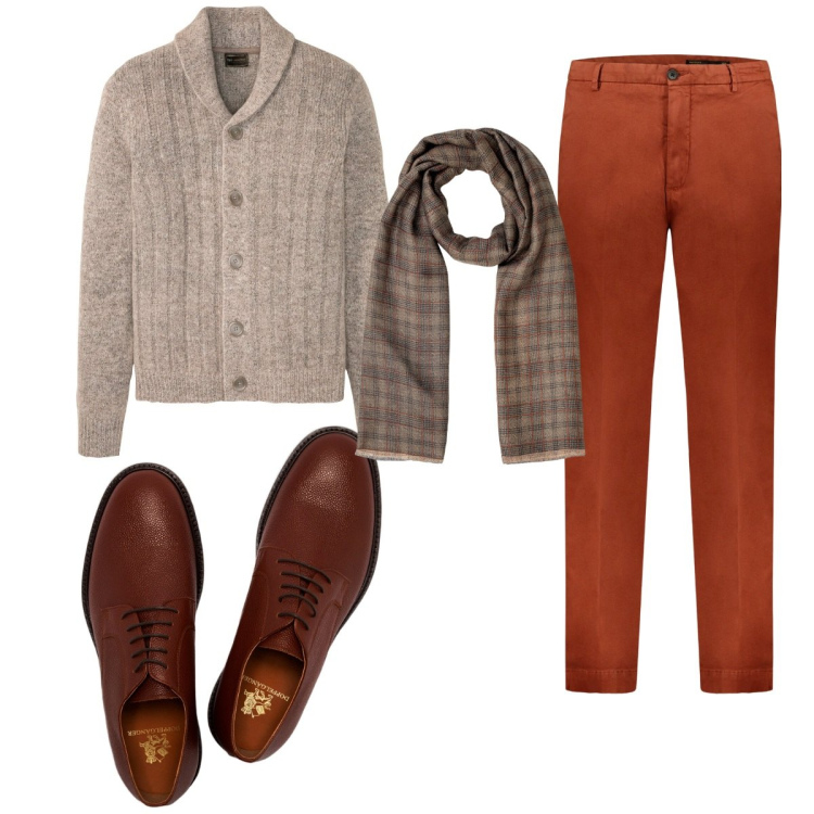 Outfit uomo - Total look #1788788. Stile Casual per Ufficio. Abbinamento con cardigans, pantaloni, scarpe stringate, sciarpe.