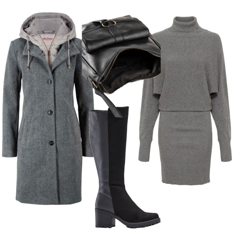 Outfit donna - Total look #1788795. Stile Mannish per Tutti i giorni. Abbinamento con vestiti, cappotti, stivali sopra il ginocchio, borse a tracolla.
