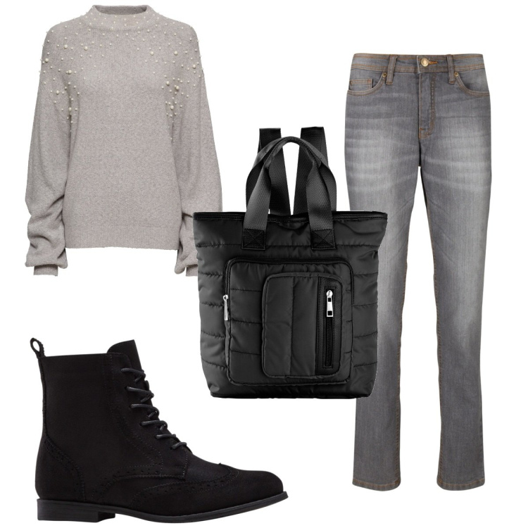 Outfit donna - Total look #1788799. Stile Basic per Tutti i giorni. Abbinamento con jeans mom, maglieria, zaini, stivaletti.