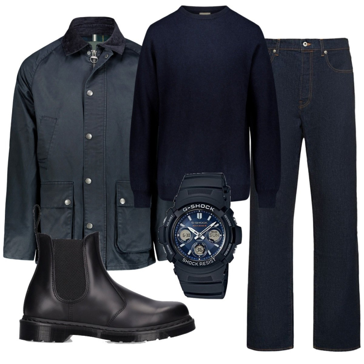 Outfit uomo - Total look #1788806. Stile Casual per Ufficio. Abbinamento con maglieria, giacche, orologi digitali, jeans dritti, stivali e stivaletti.