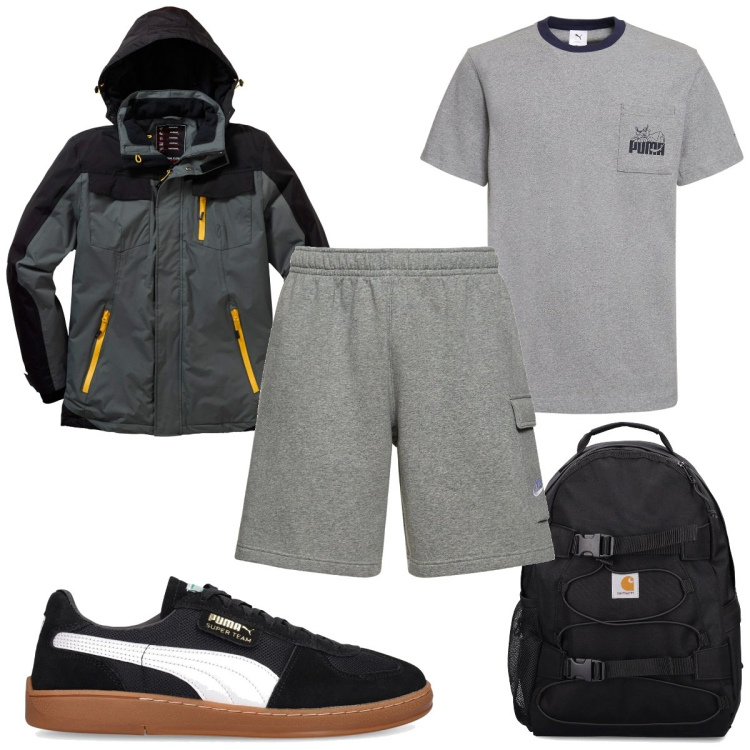 Outfit uomo - Total look #1788808. Stile Trendy per Sport. Abbinamento con giacche, t-shirt, shorts, sneakers, borse sportive.