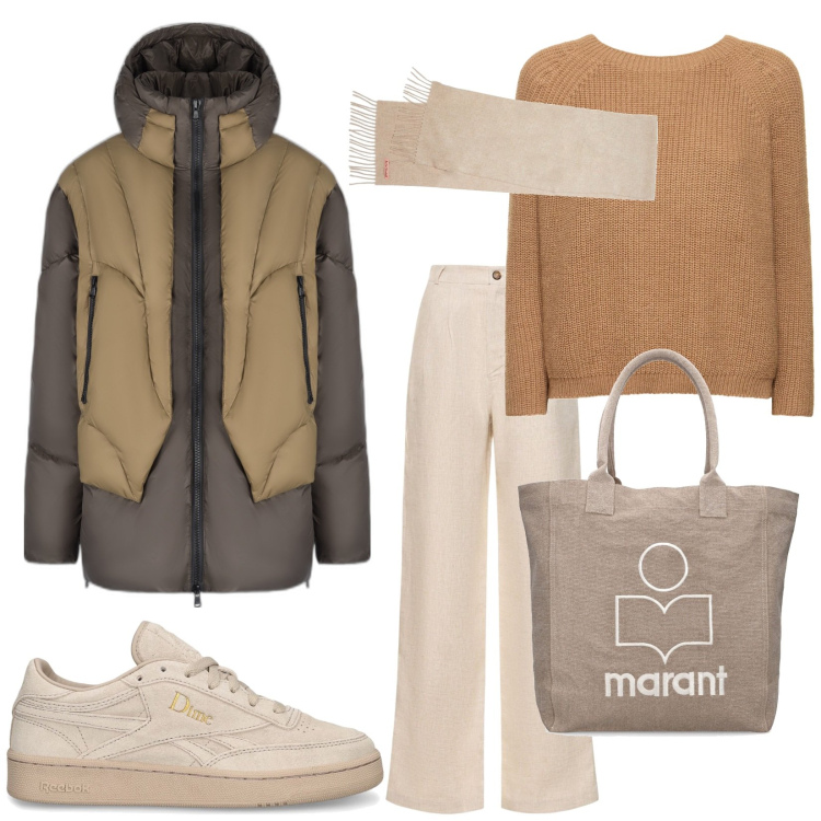 Outfit donna - Total look #1788825. Stile Casual per Tutti i giorni. Abbinamento con piumini, pantaloni, maglieria, shopping bag, sneakers, sciarpe.