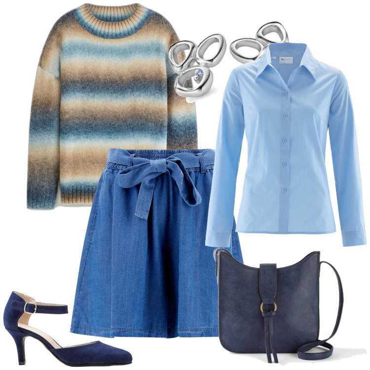 Outfit donna - Blu in ufficio. Stile Casual chic per Ufficio. Abbinamento con décolleté, camicie, maglieria, borse a tracolla, gonne, orecchini.