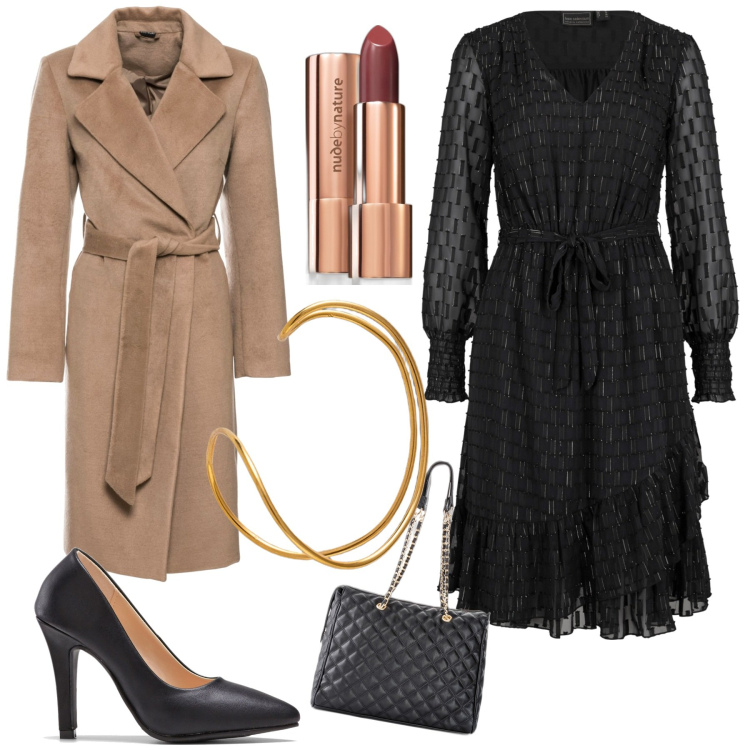 Outfit donna - Chic low cost. Stile Chic per Serata fuori. Abbinamento con shopping bag, vestiti, cappotti, décolleté, rossetti, braccialetti.