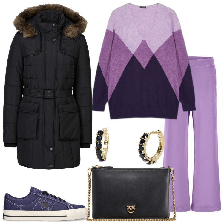 Outfit donna - Comoda e sportiva. Stile Urban per Tutti i giorni. Abbinamento con piumini, orecchini, borse a tracolla, pantaloni a palazzo, maglieria, sneakers.