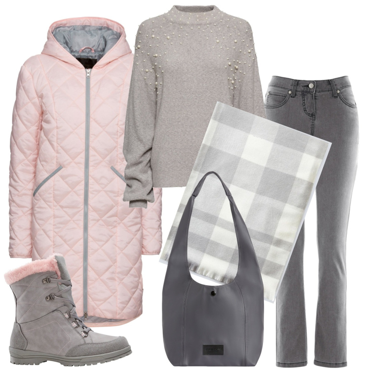 Outfit donna - Grigio e rosa. Stile Casual per Tutti i giorni. Abbinamento con jeans slim fit, blazer, maglieria, stivali, borse a spalla, sciarpe.