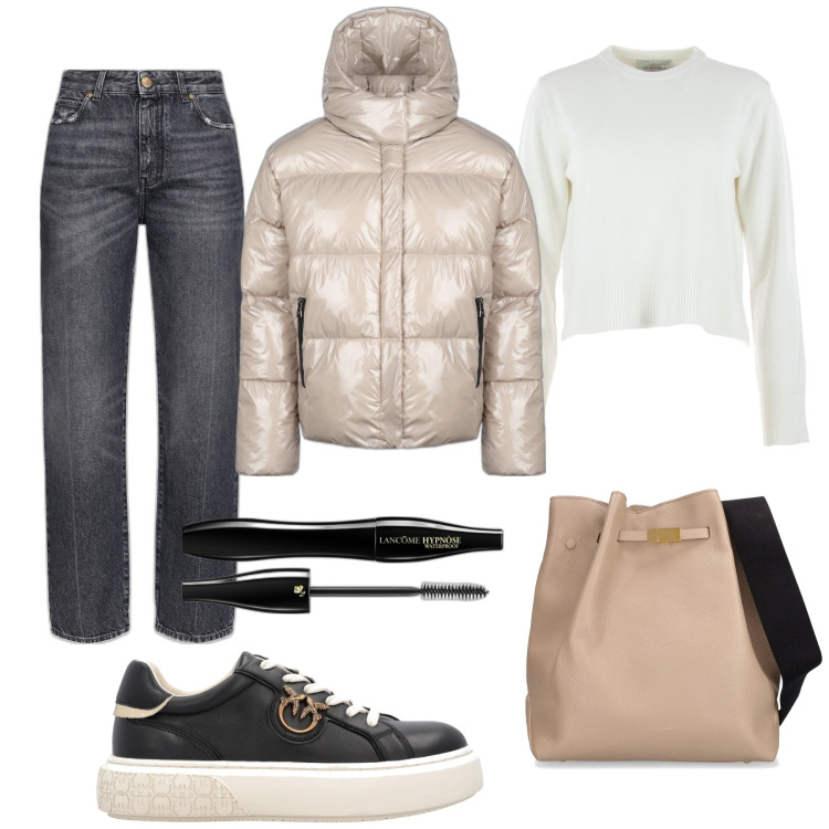 Outfit donna - In città. Stile Urban per Tutti i giorni. Abbinamento con mascara, jeans boyfriend, sneakers, blazer, maglieria, borse a spalla.